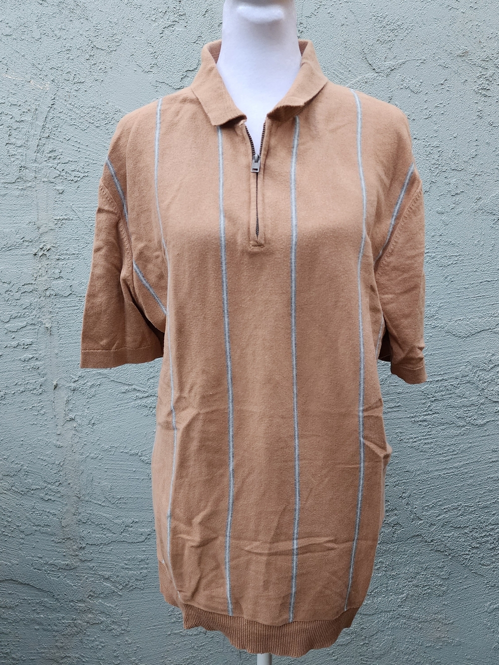 Express Tan "Mod" Vertical Stripe Quarter Zip Short Sleeve Sweater Polo [L]